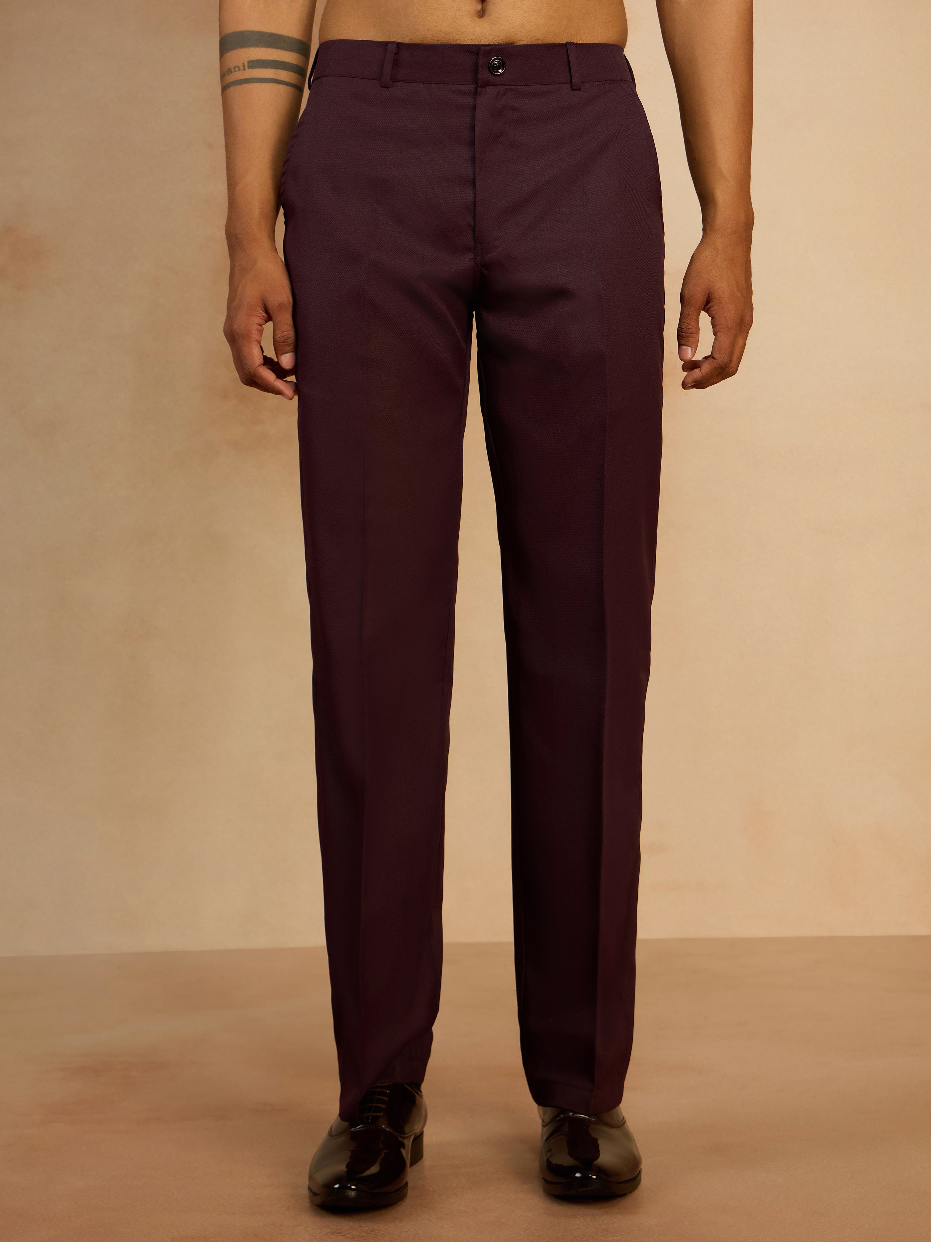 Men's Wine Solid Jute Jodhpuri Suit with Straight Pant