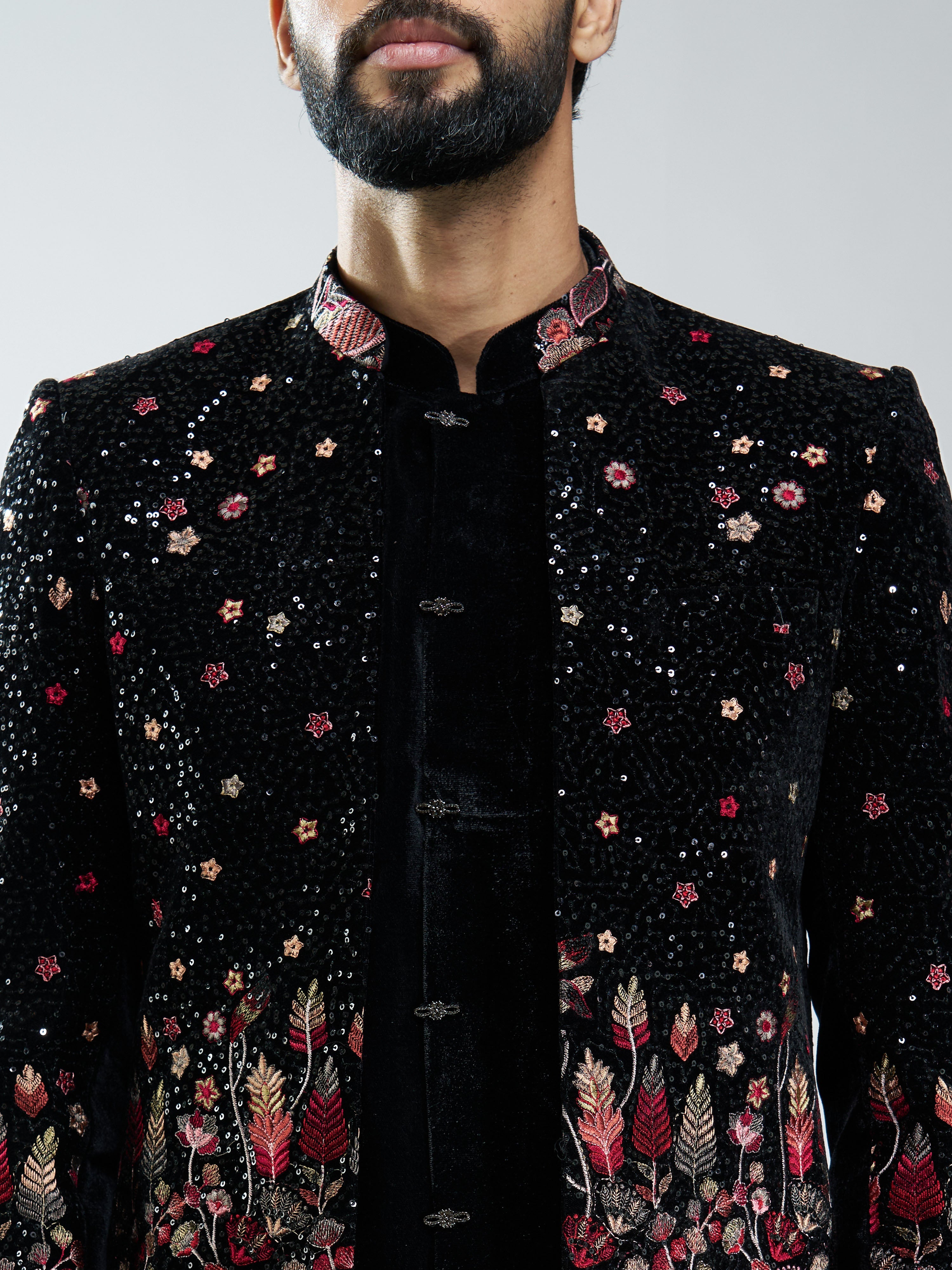 Men Black Velvet Floral Embroidered Indo-Western Bundled with Black Cotton Lycra Pants Set