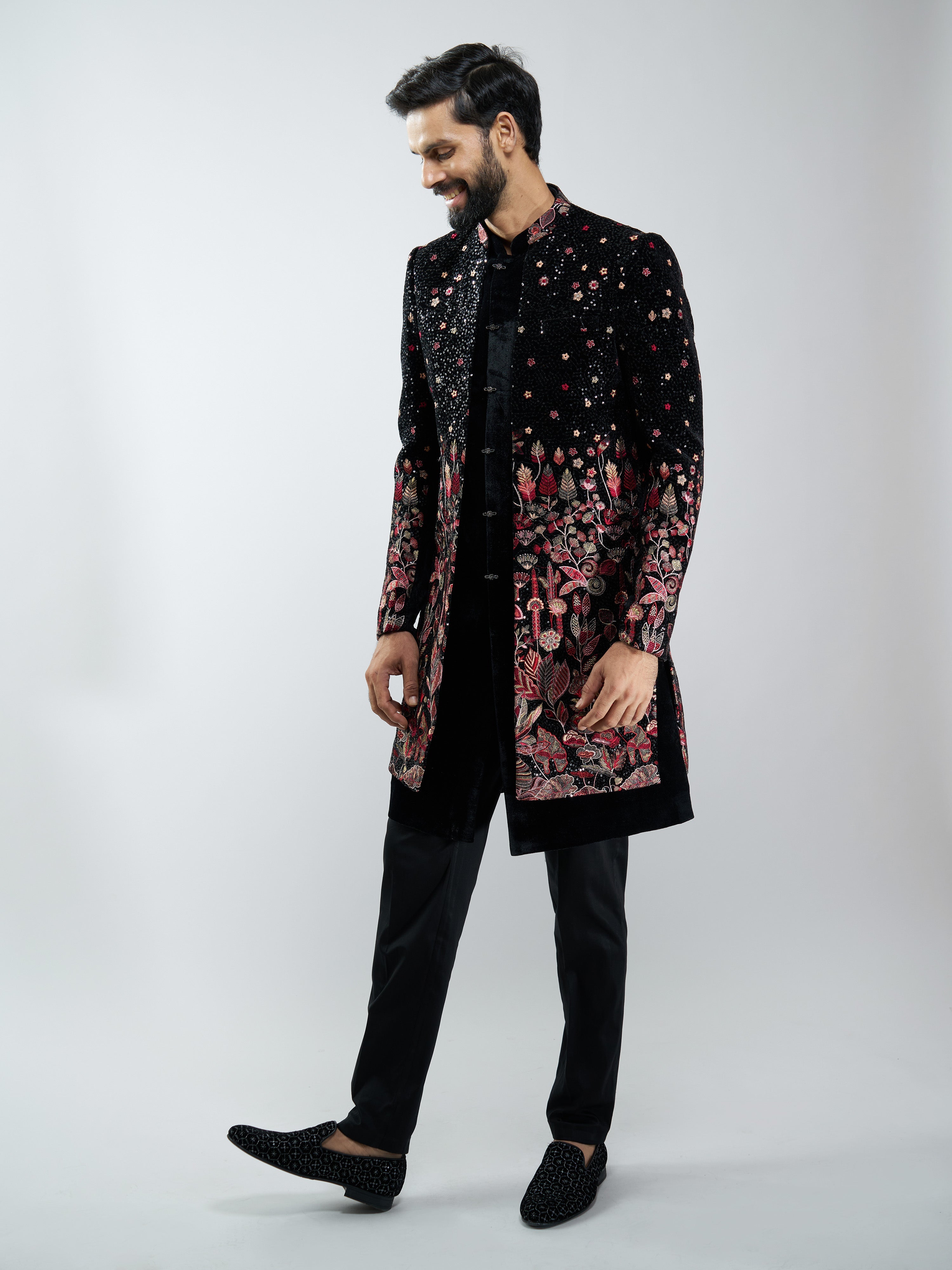 Men Black Velvet Floral Embroidered Indo-Western Bundled with Black Cotton Lycra Pants Set