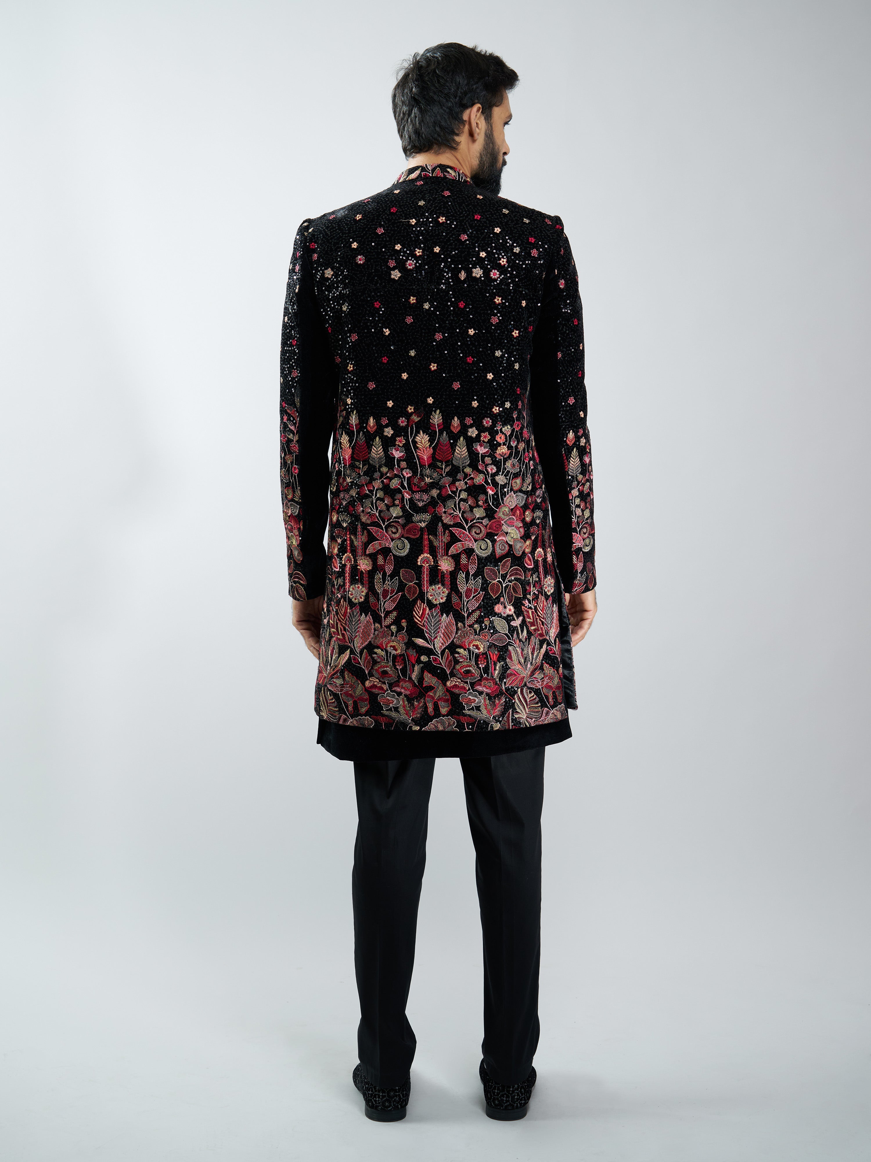 Men Black Velvet Floral Embroidered Indo-Western Bundled with Black Cotton Lycra Pants Set