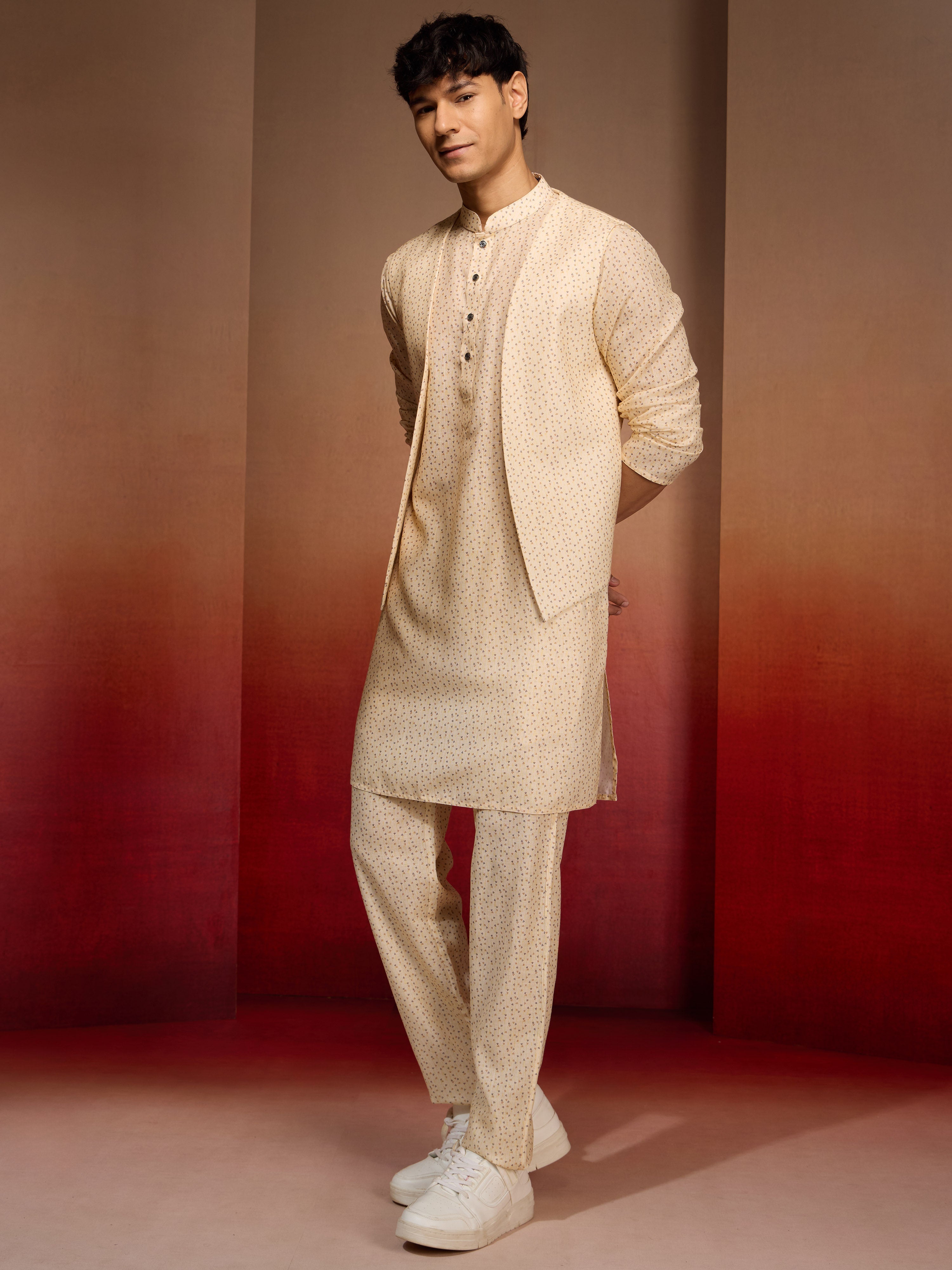 Men's Peach Yellow Cotton Linen 3-Piece Set