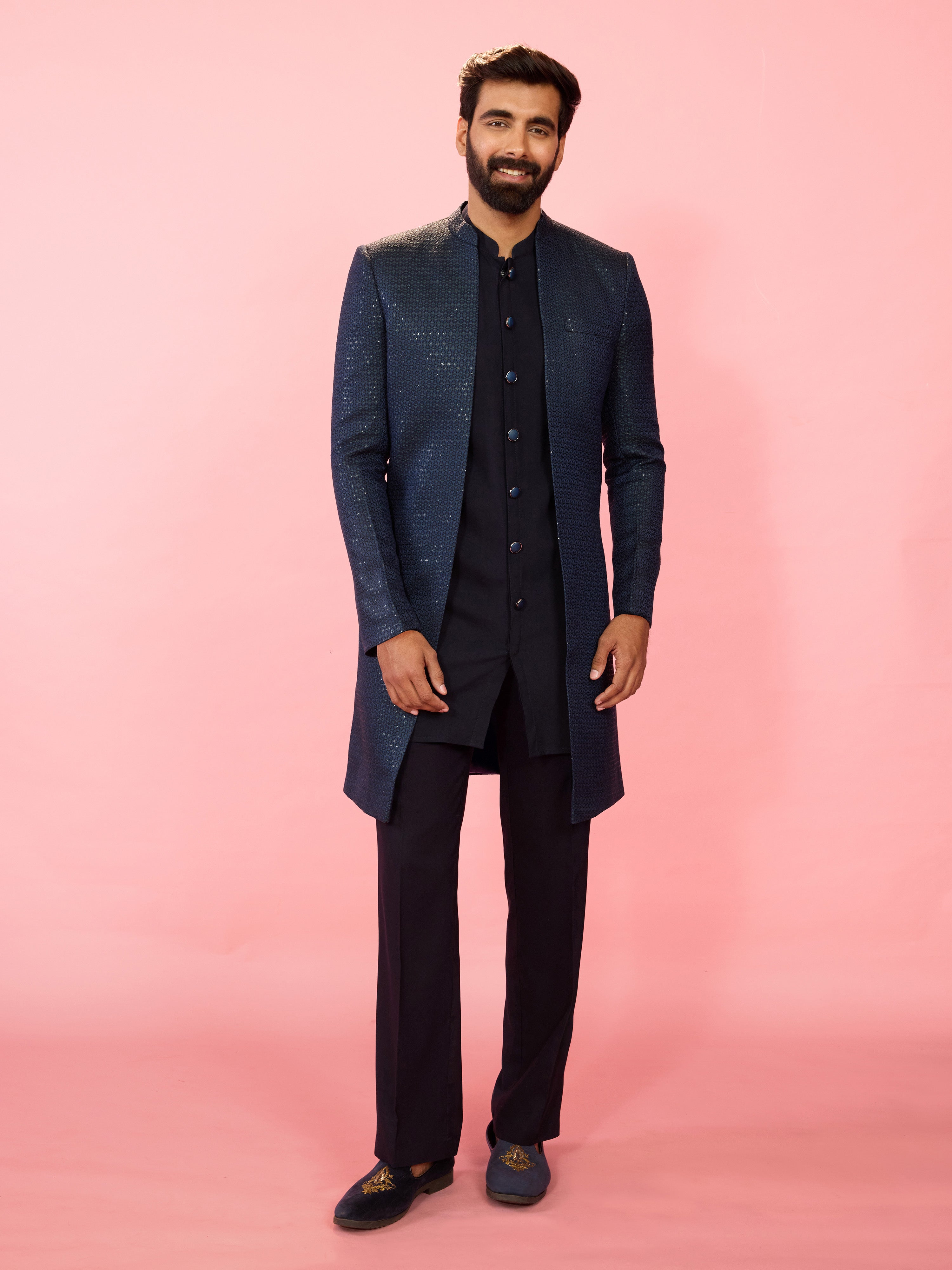 Men's Green Jacquard Silk Blend Indo-Western with Navy Blue Sleeveless Semi-Indo & Imported Suiting Pant Set