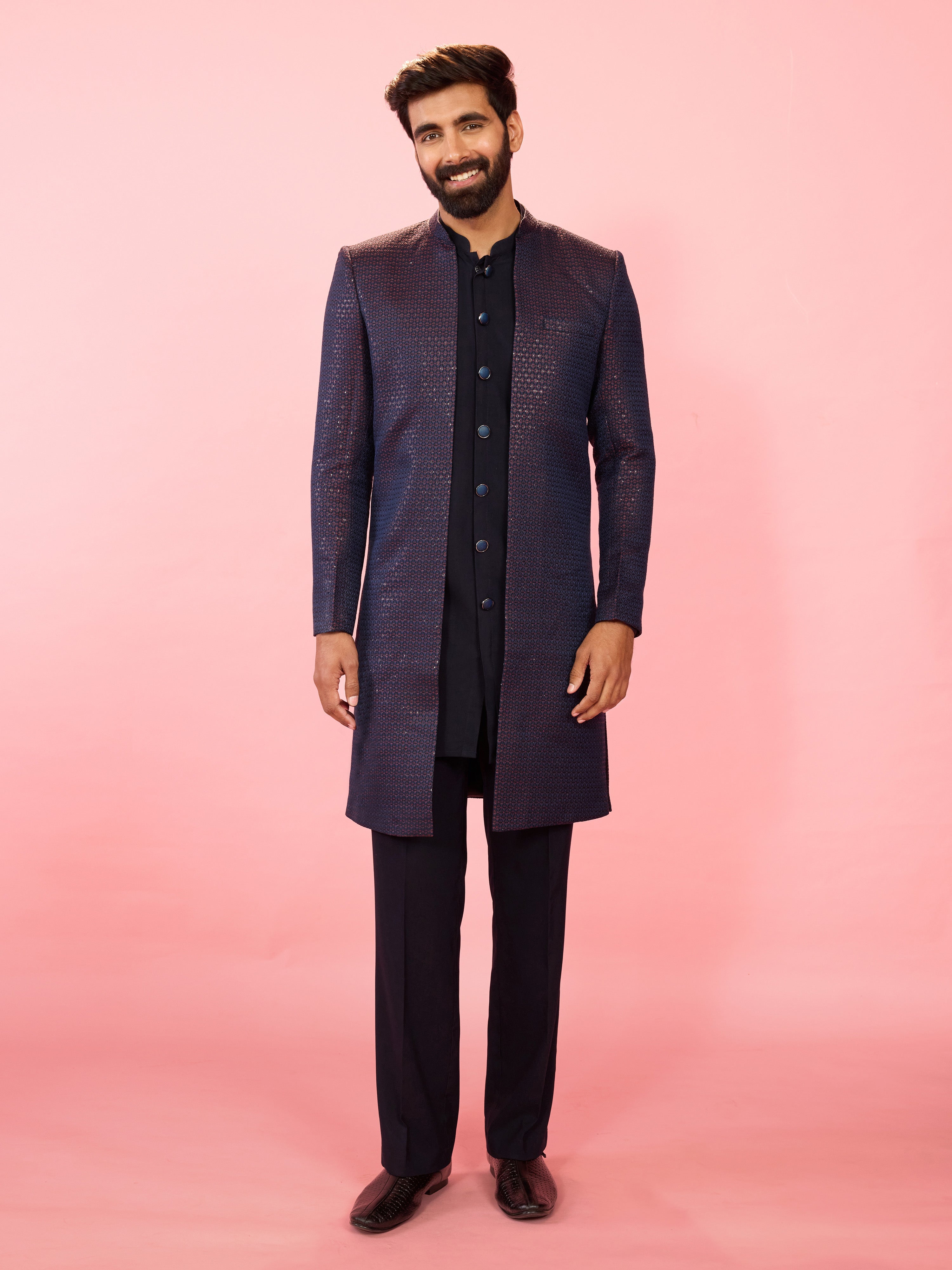 Men's Red Jacquard Silk Blend Indo-Western with Navy Blue Sleeveless Semi-Indo & Imported Suiting Pant Set