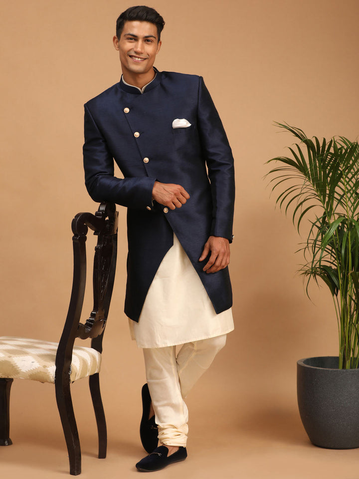 VASTRAMAY Men's Navy Blue Angrakha Indo Western Combo Set