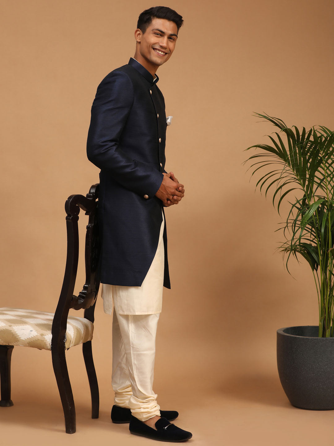 VASTRAMAY Men's Navy Blue Angrakha Indo Western Combo Set