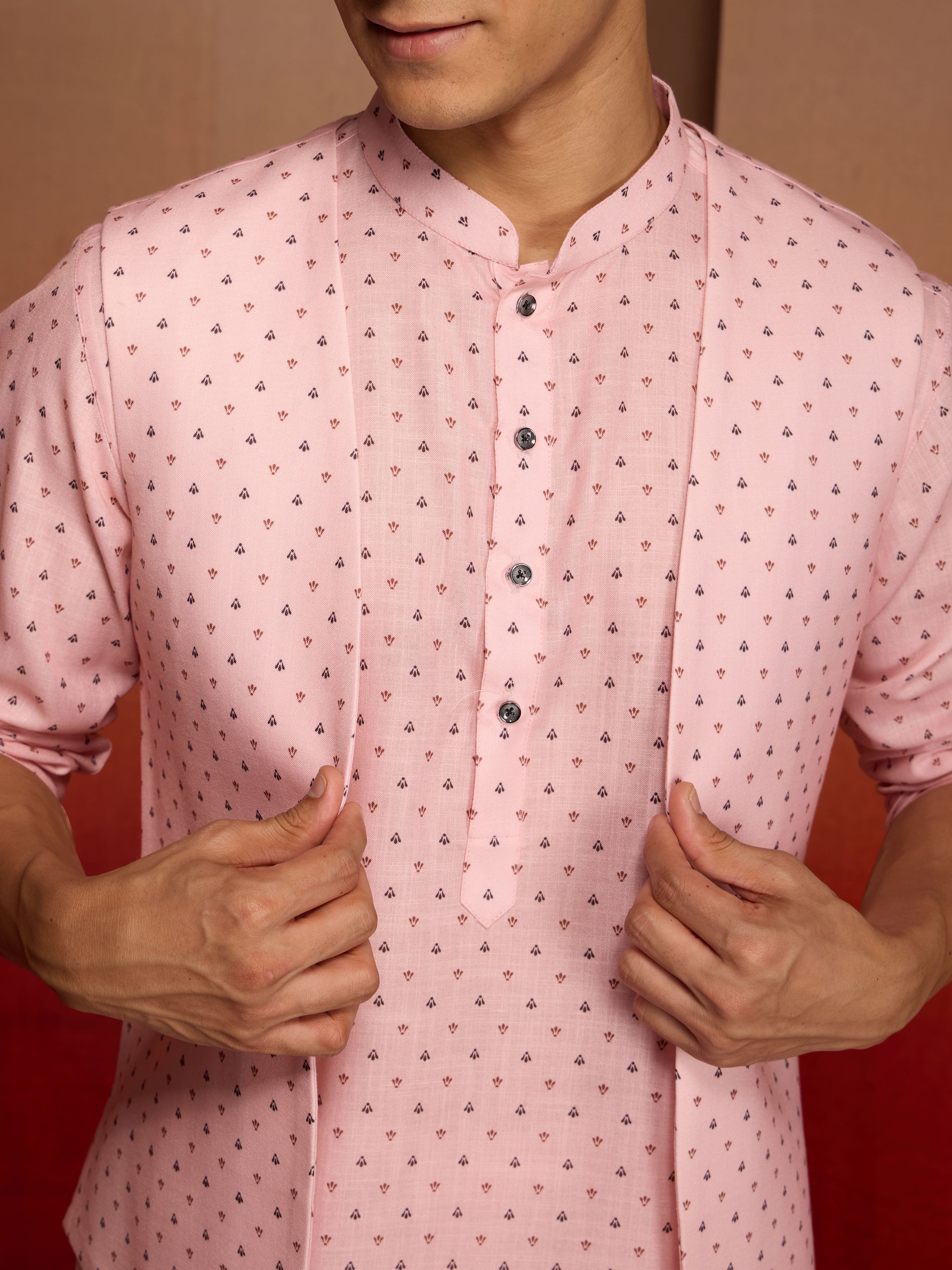 Men's Peach Cotton Linen 3-Piece Nehru Set