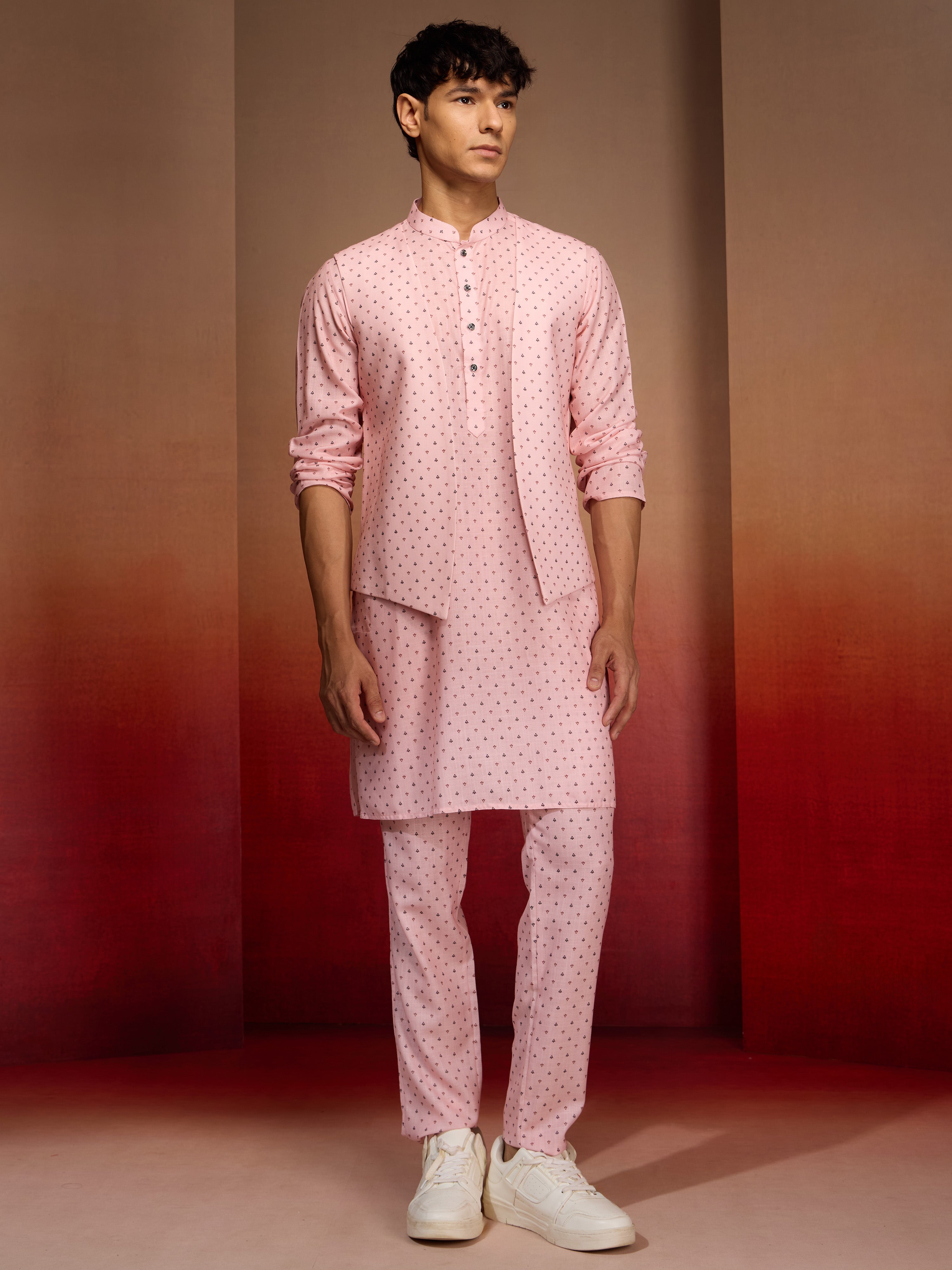 Men's Peach Cotton Linen 3-Piece Nehru Set