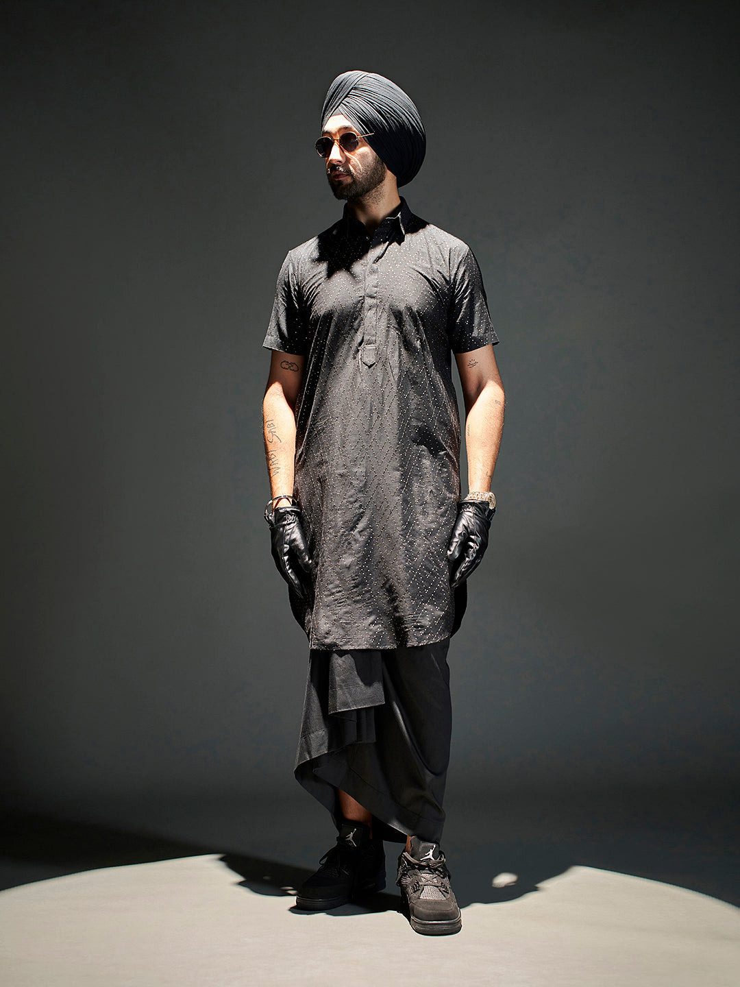 Men's Black Sequined Viscose Kurta Lungi Set