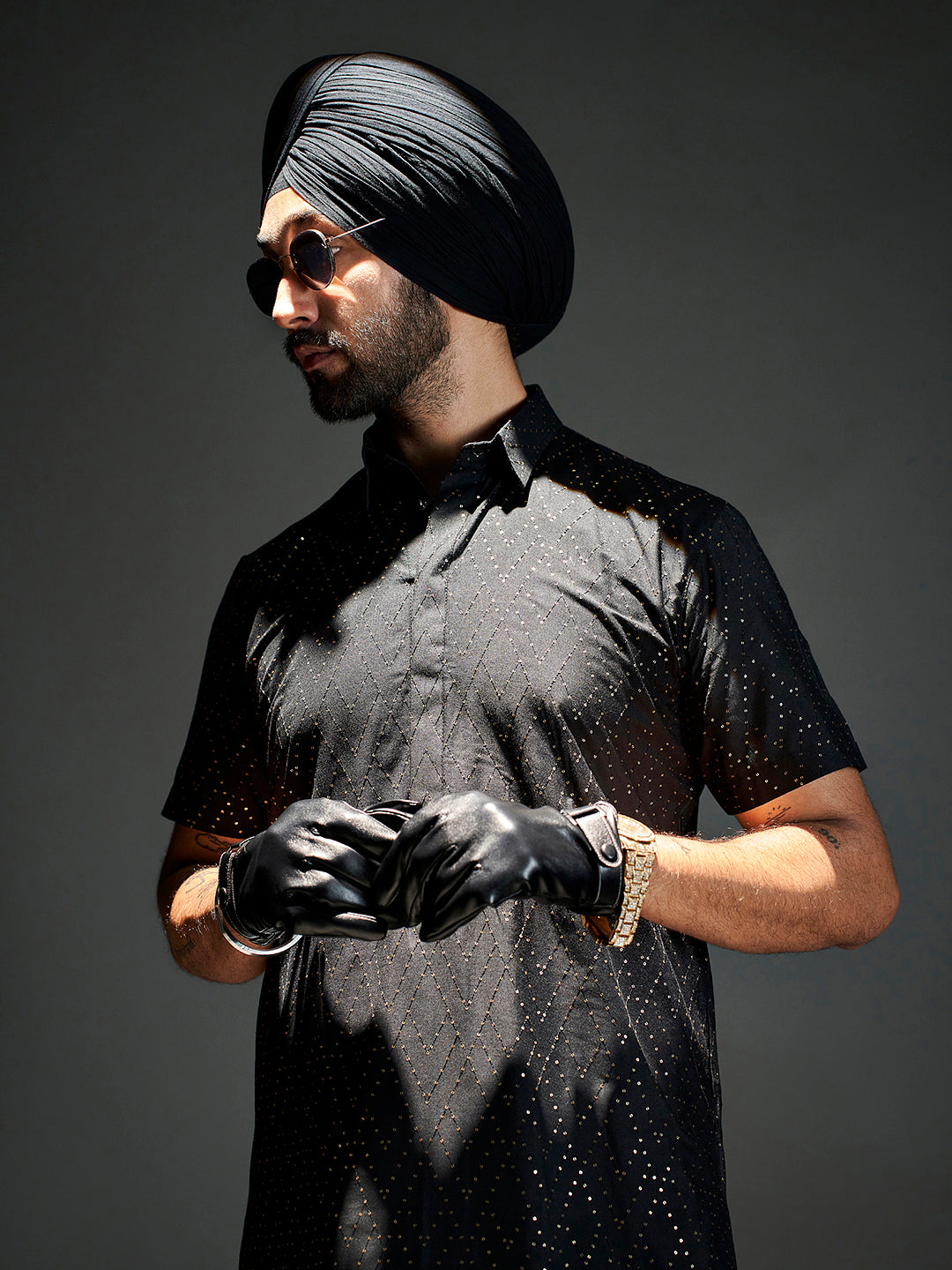 Men's Black Sequined Viscose Kurta Lungi Set