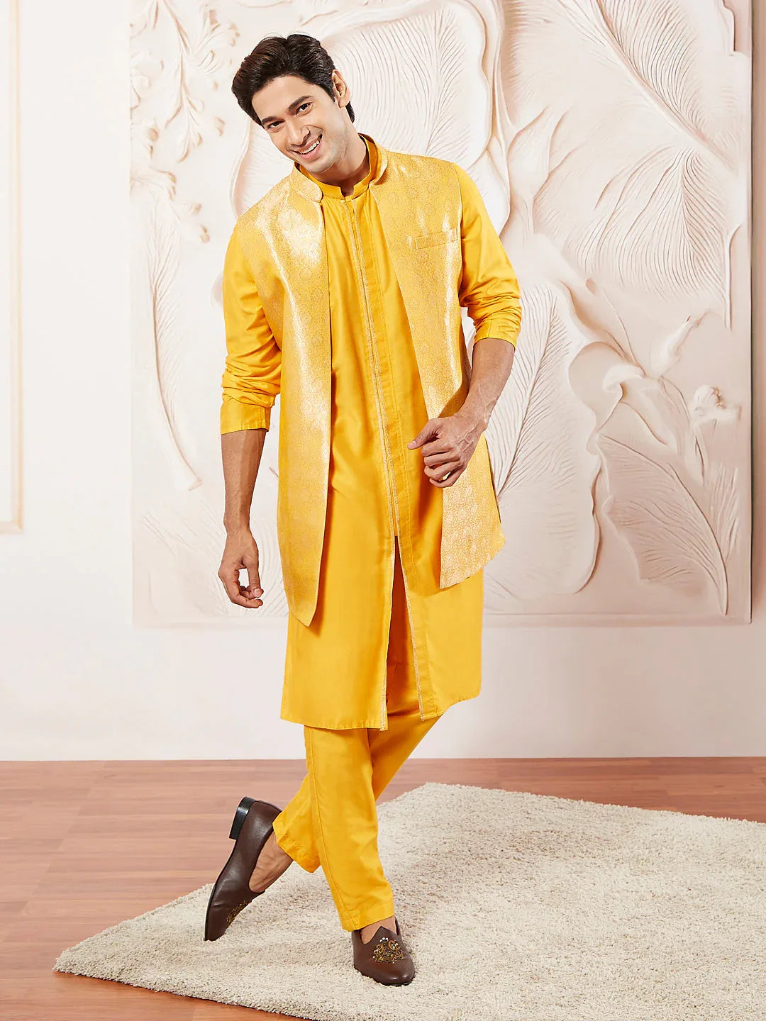 Men's Mustard Silk Blend Jacket Kurta And Pyjama Set