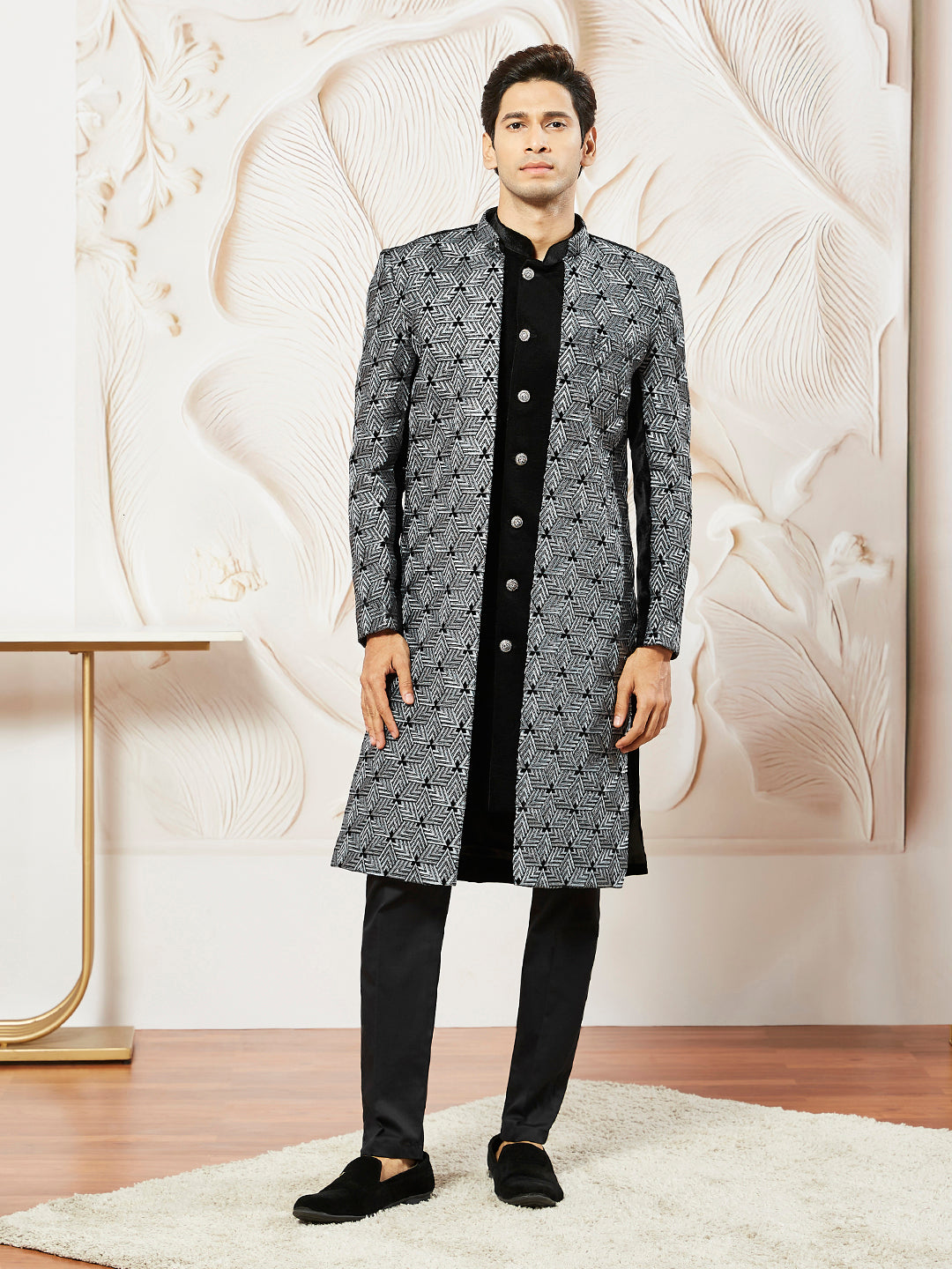 Men's Gray Velvet Indo Western,Semi Indo And Pyjama Set