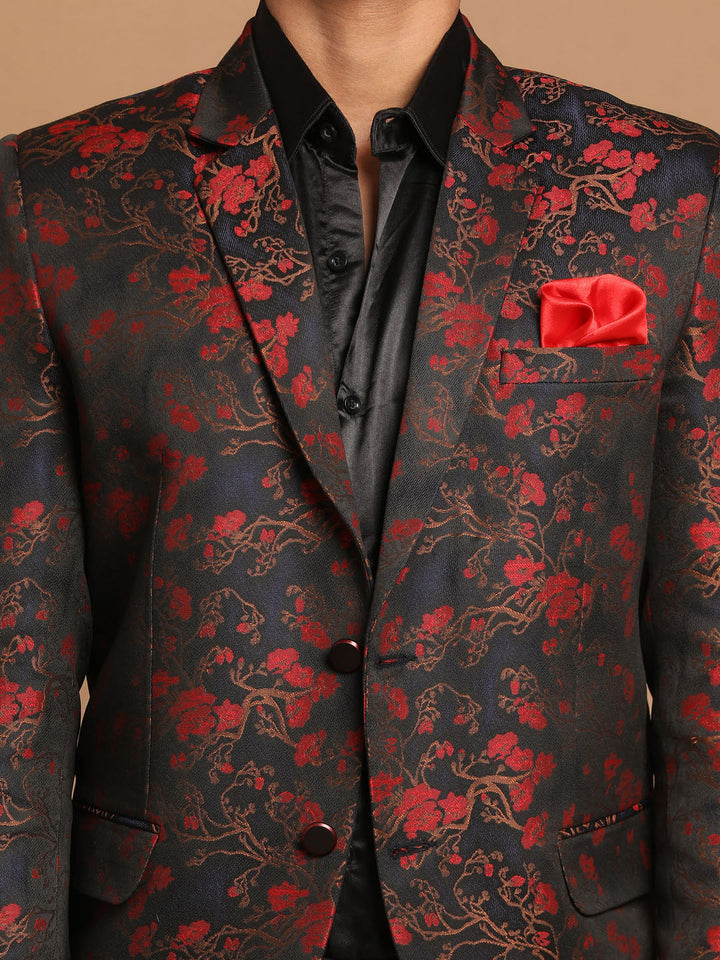 VASTRAMAY Red And Blue Jacquard Blazer Baap Beta Set