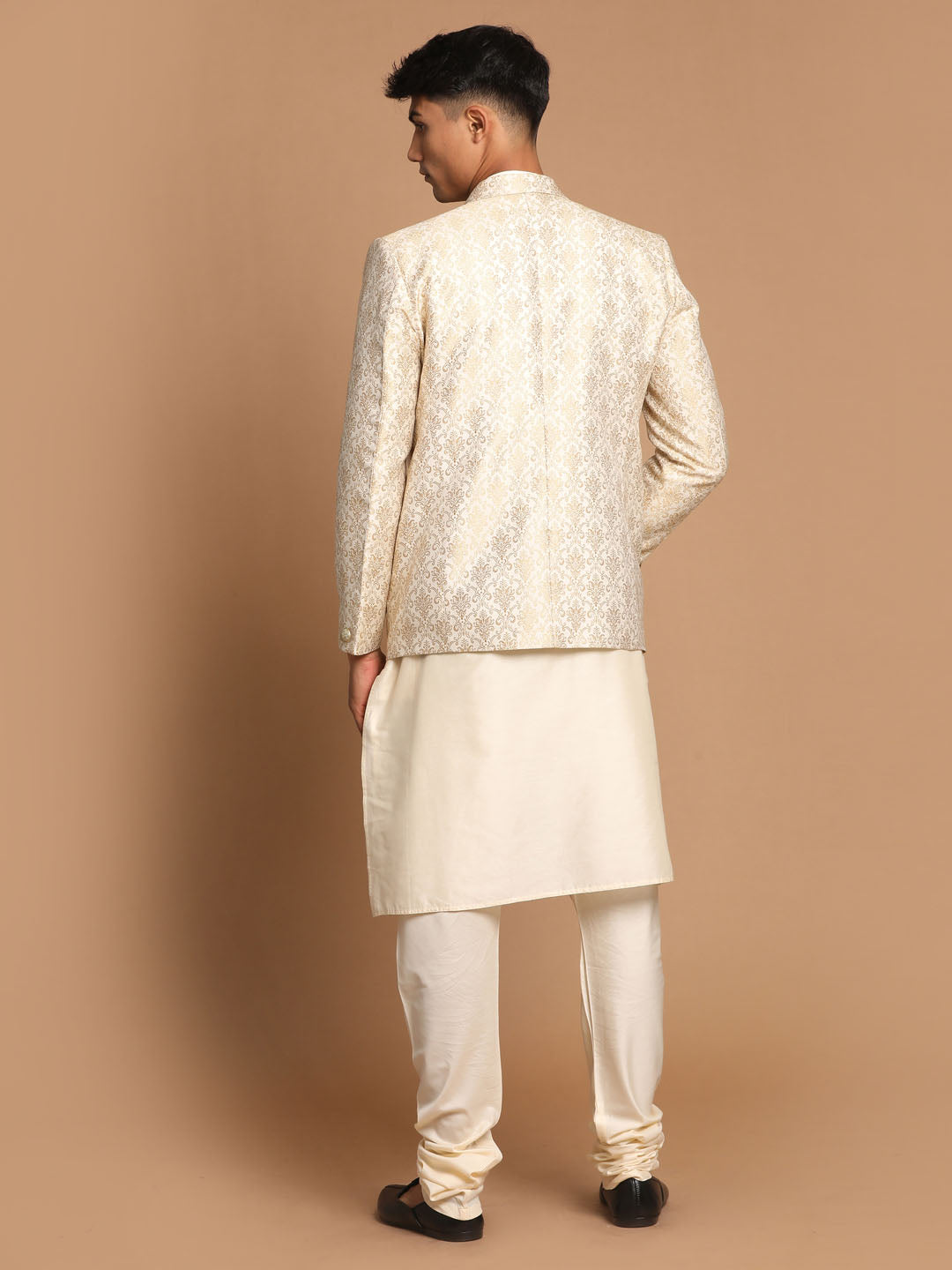 VASTRAMAY Men's Gold Woven Blazer And Cream Solid Kurta With Pajama Set