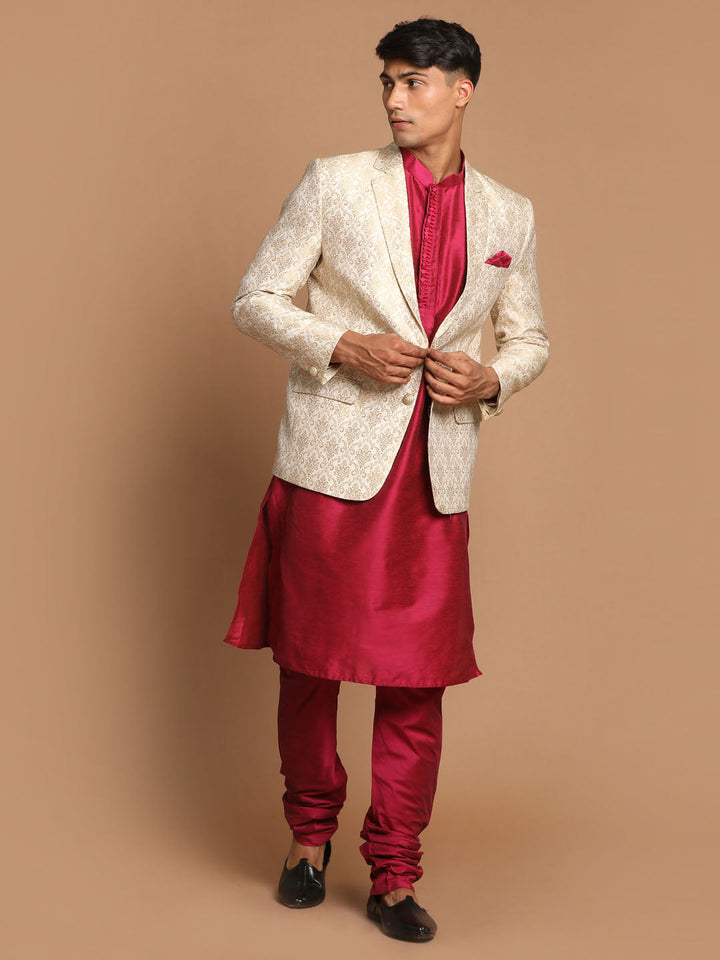 VASTRAMAY Men's Fuchsia & Gold Solid Kurta with Churidar & Woven Blazer