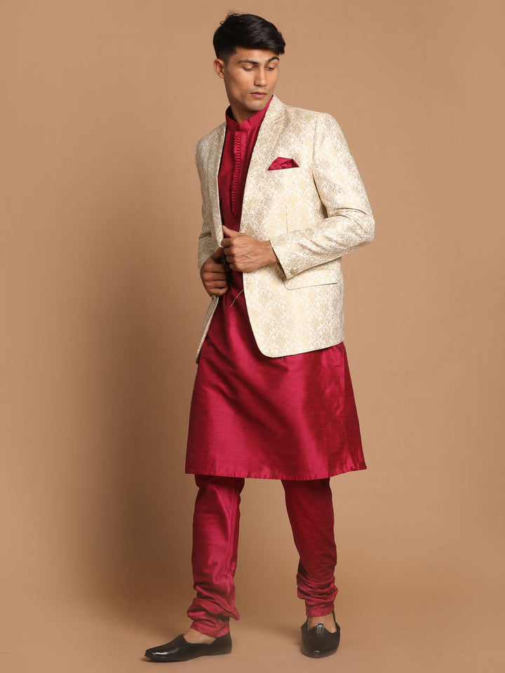 VASTRAMAY Men's Fuchsia & Gold Solid Kurta with Churidar & Woven Blazer