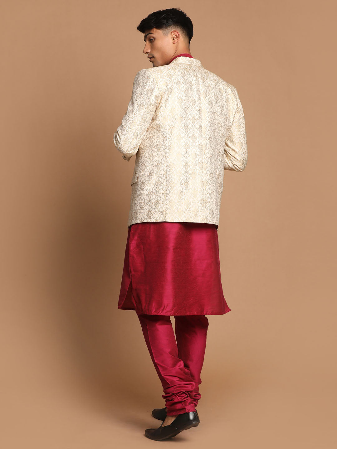 VASTRAMAY Men's Fuchsia & Gold Solid Kurta with Churidar & Woven Blazer