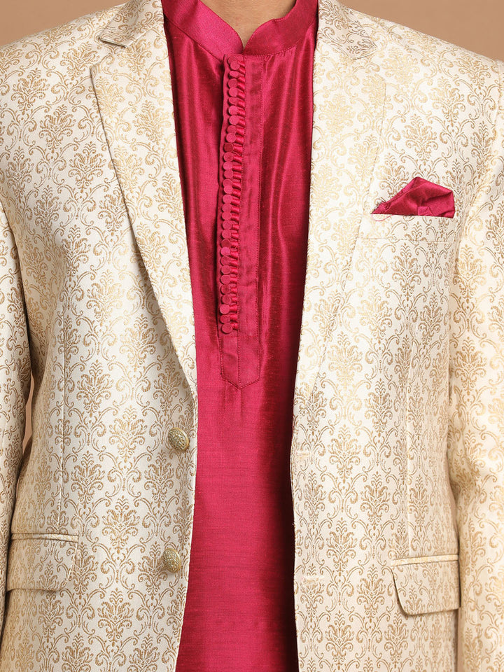 VASTRAMAY Men's Fuchsia & Gold Solid Kurta with Churidar & Woven Blazer