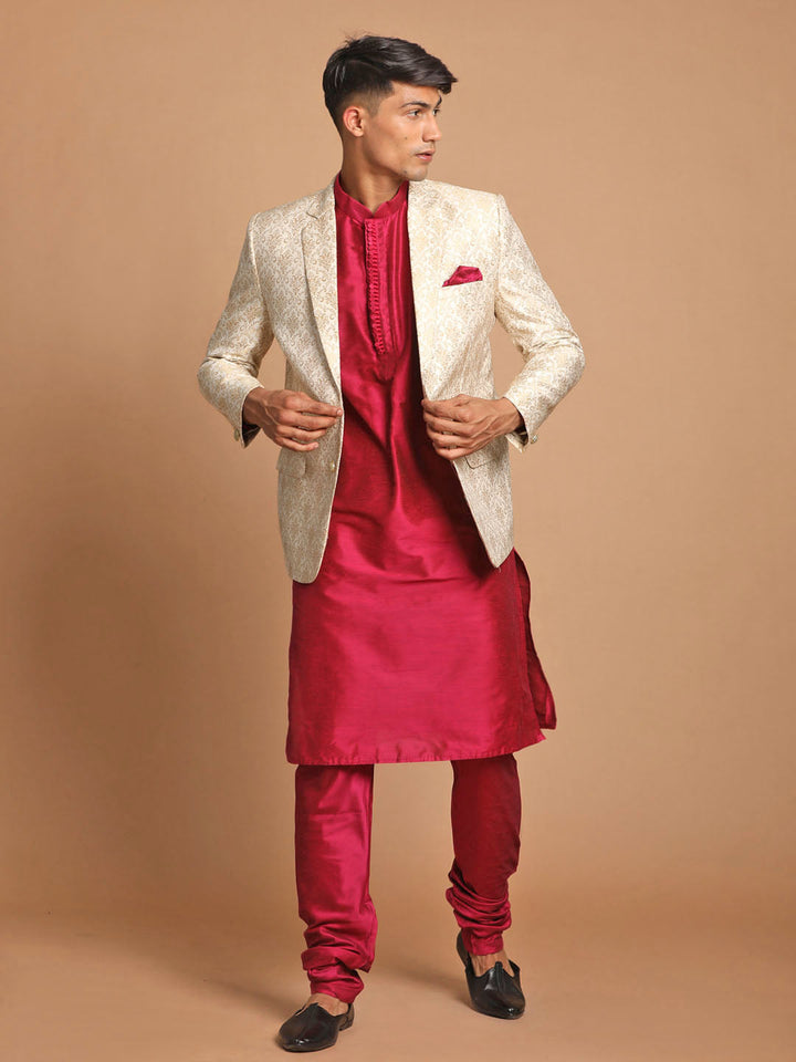 VASTRAMAY Men's Fuchsia & Gold Solid Kurta with Churidar & Woven Blazer