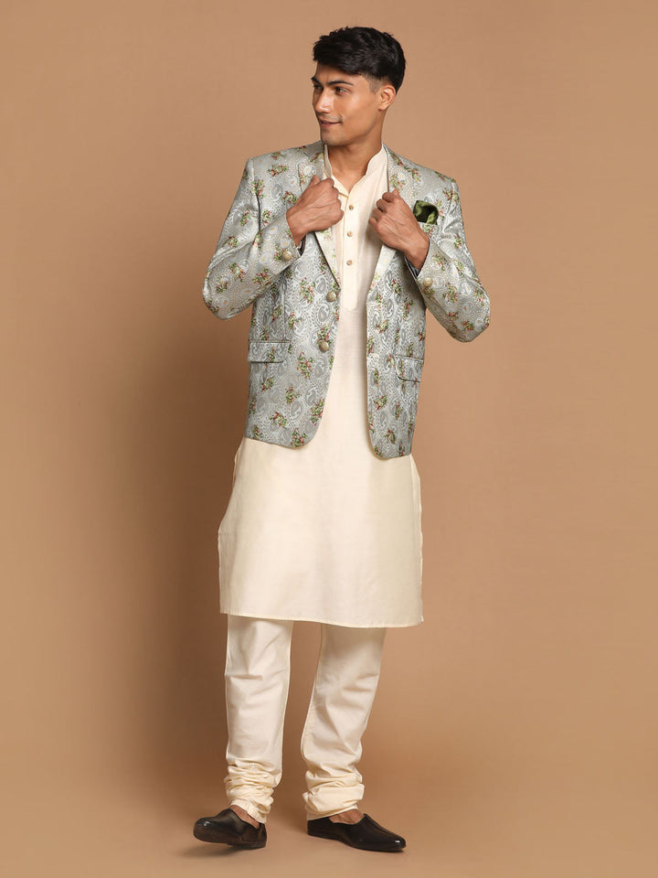 VASTRAMAY Men's Light Green Woven Blazer And Cream Solid Kurta With Pajama Set