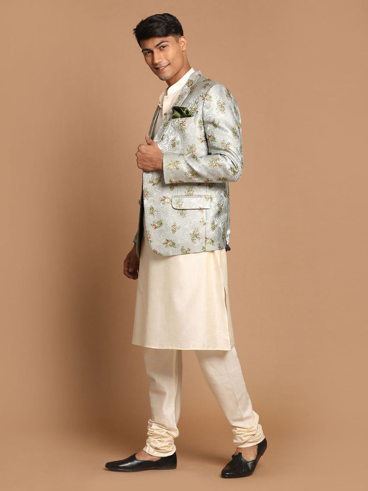 VASTRAMAY Men's Light Green Woven Blazer And Cream Solid Kurta With Pajama Set