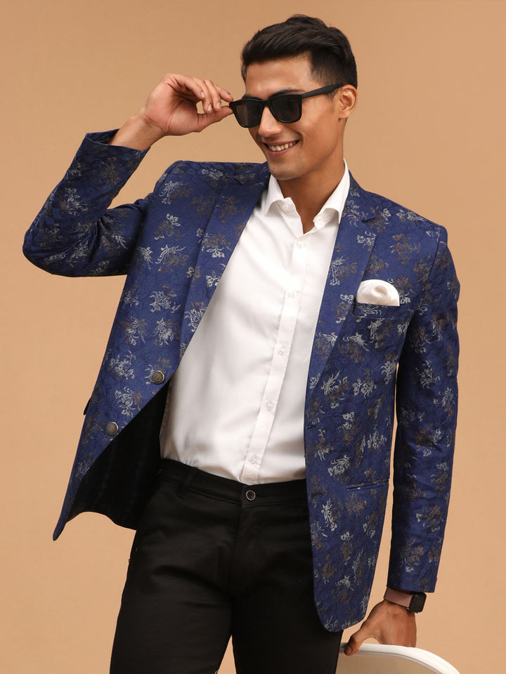 VASTRAMAY Men's Navy Blue Cotton Blend Printed Design Blazer front view with notch lapel and two-button closure