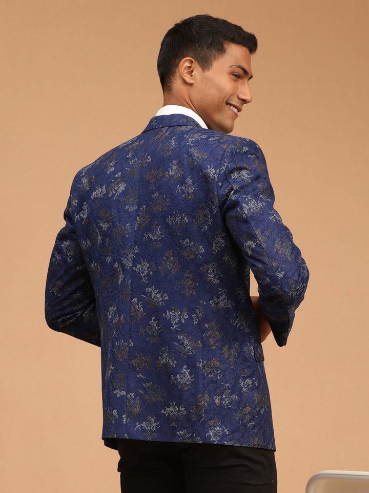 VASTRAMAY Men's Navy Blue Cotton Blend Printed Design Blazer featuring a modern and stylish print, perfect for formal occasions