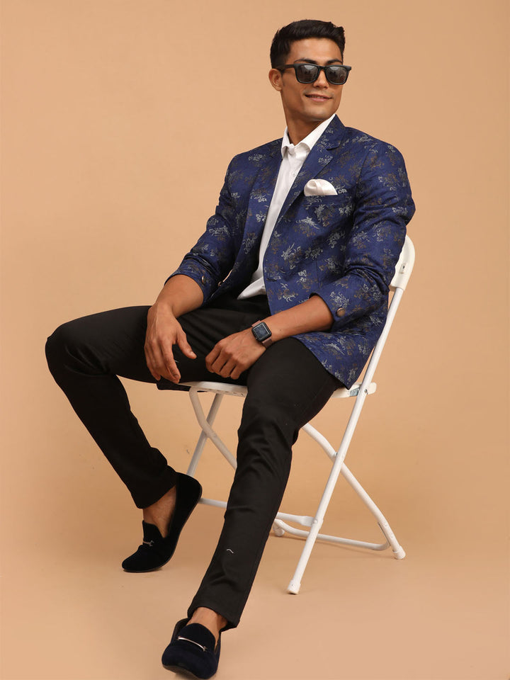 VASTRAMAY Men's Navy Blue Cotton Blend Printed Design Blazer, perfect for formal occasions and casual events, featuring a stylish and comfortable cotton blend fabric with a striking printed design