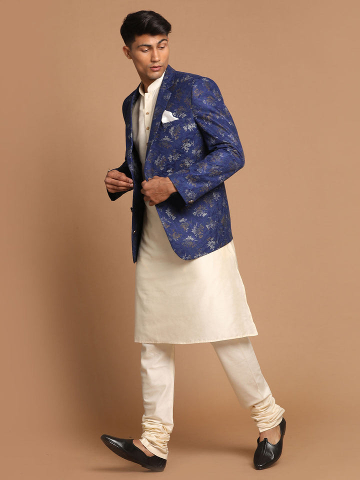 VASTRAMAY Men's Navy Blue Woven Blazer And Cream Solid Kurta With Pajama Set