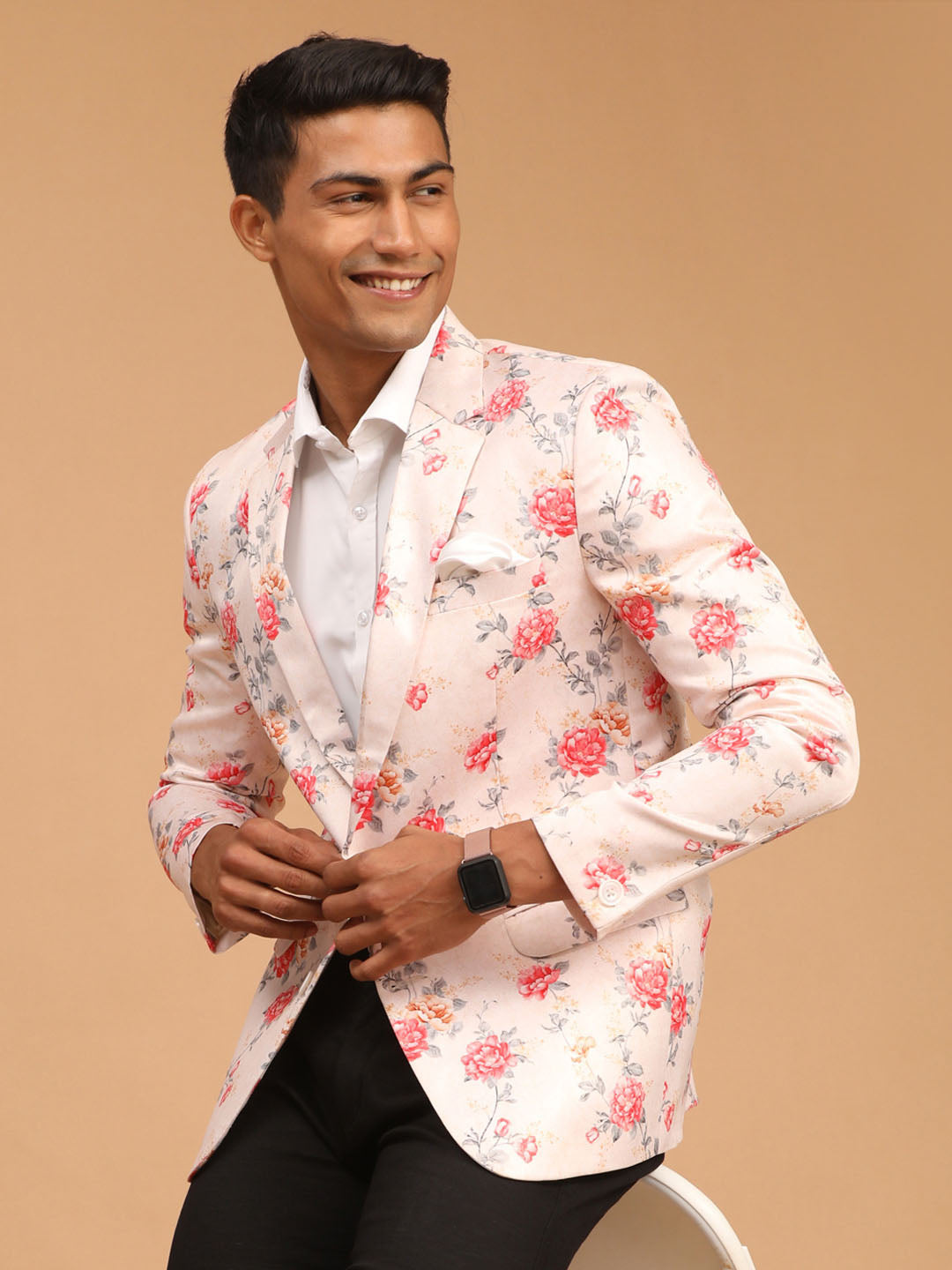 VASTRAMAY Men's Peach Floral Printed Blazer