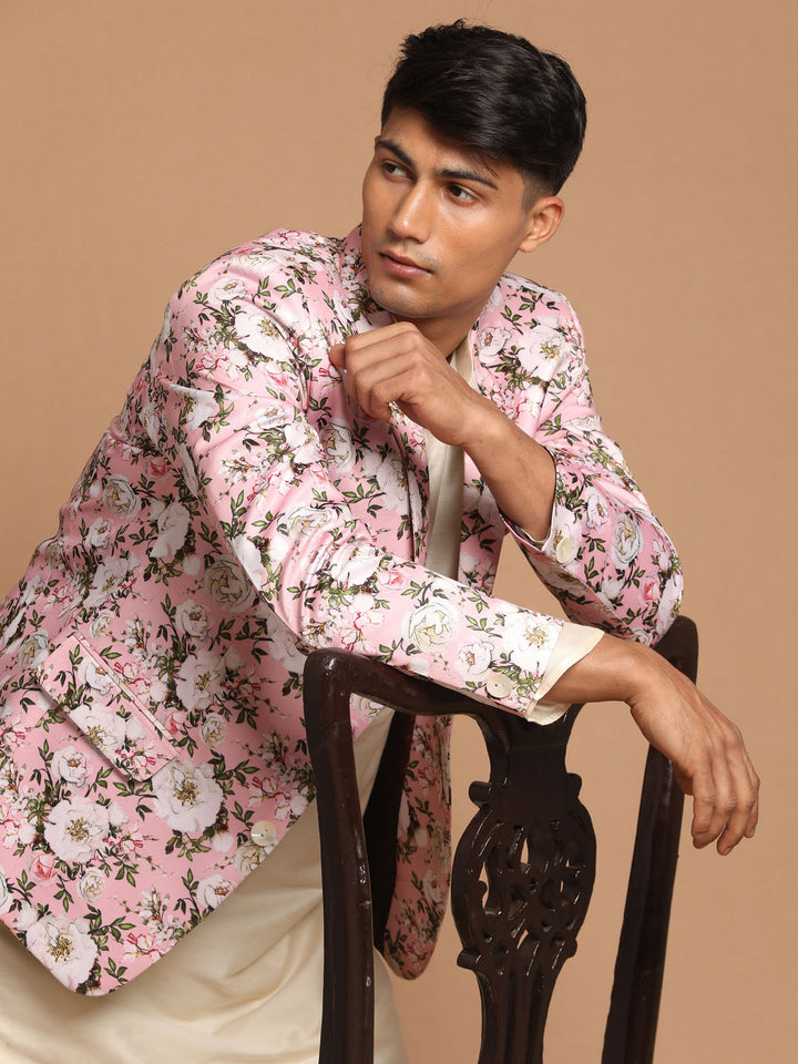 VASTRAMAY Men's Pink Floral Print Blazer And Cream Solid Kurta With Pajama Set