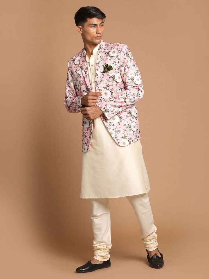 VASTRAMAY Men's Pink Floral Print Blazer And Cream Solid Kurta With Pajama Set