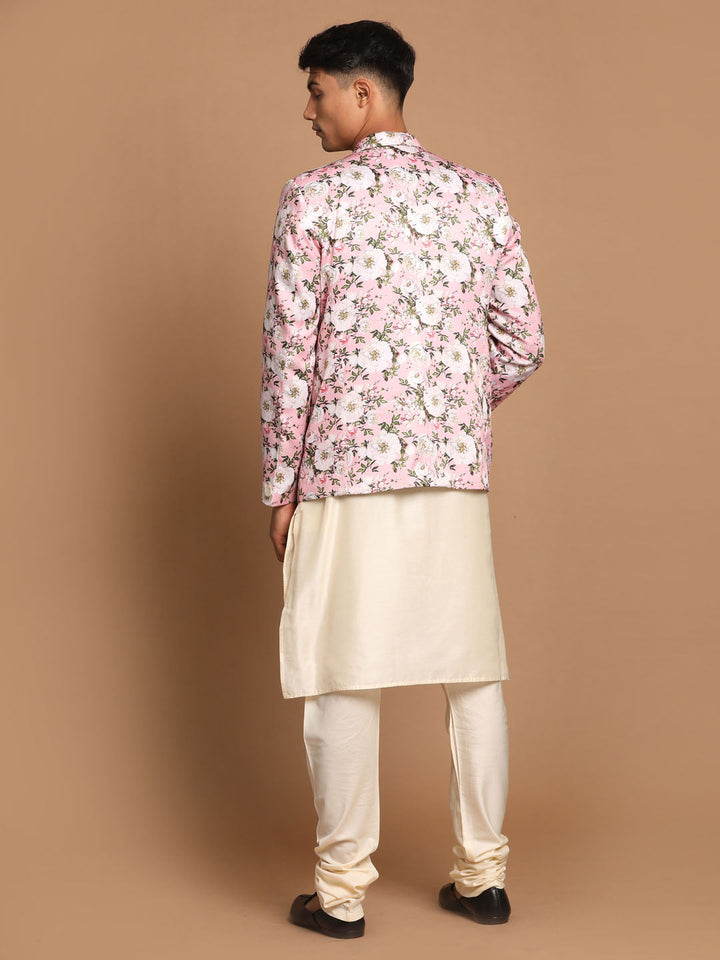 VASTRAMAY Men's Pink Floral Print Blazer And Cream Solid Kurta With Pajama Set