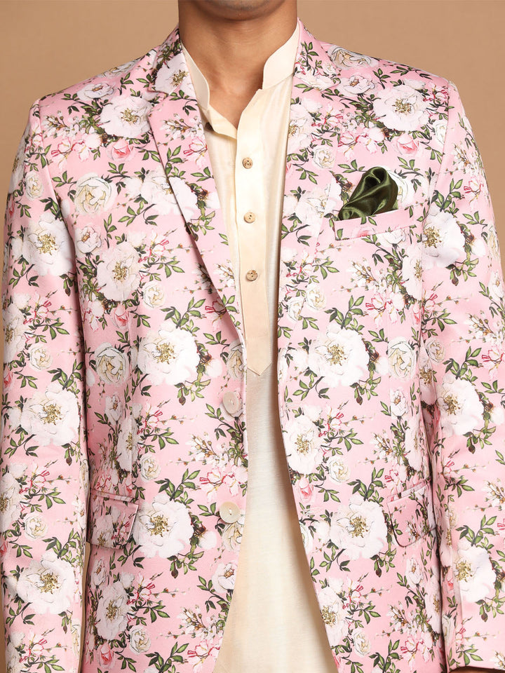 VASTRAMAY Men's Pink Floral Print Blazer And Cream Solid Kurta With Pajama Set