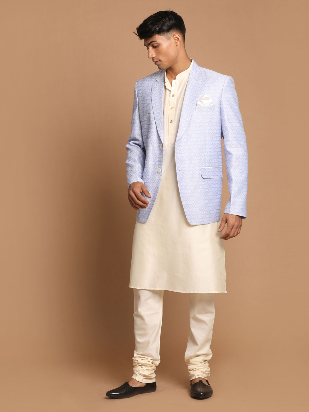 VASTRAMAY Men's Lavender Woven Blazer And Cream Solid Kurta With Pajama Set