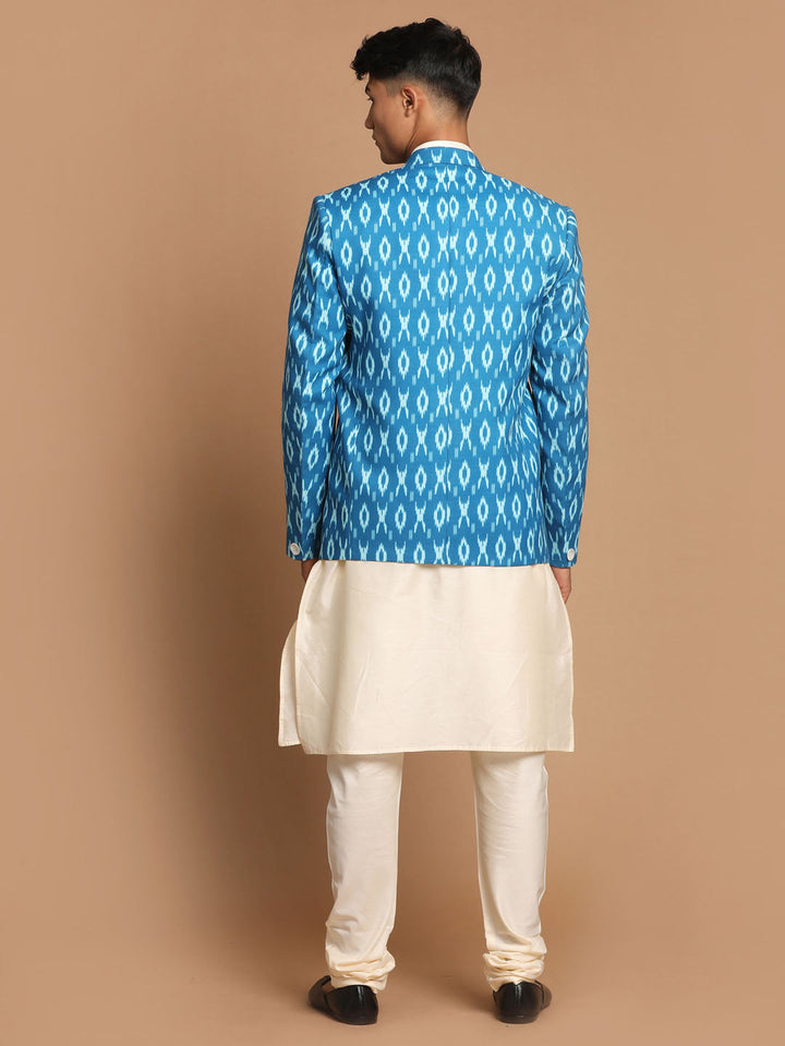 VASTRAMAY Men's Blue Ikkat print Blazer And Kurta Pyjama set