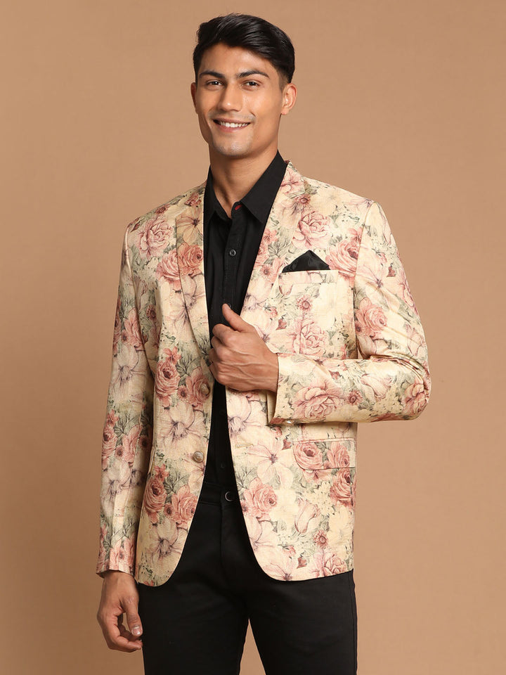 VASTRAMAY Beige Floral Print Silk Blazer, perfect for elegant and sophisticated looks