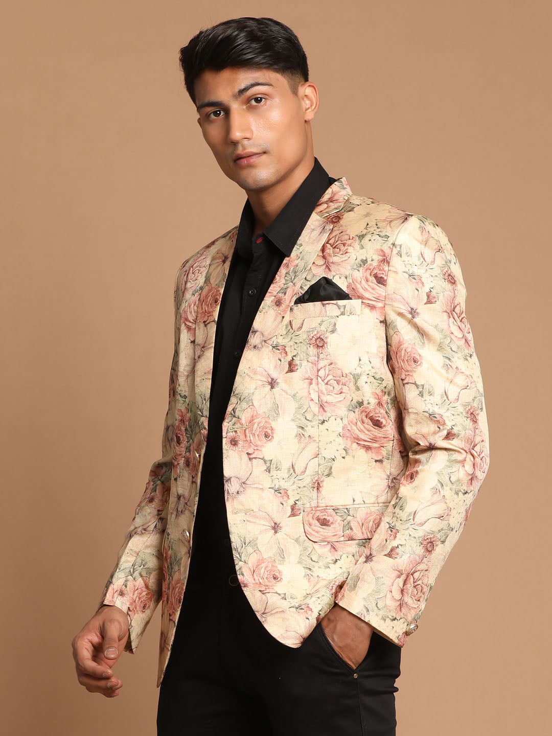 VASTRAMAY Men's Beige Silk Blend Floral Print Blazer with Elegant Design