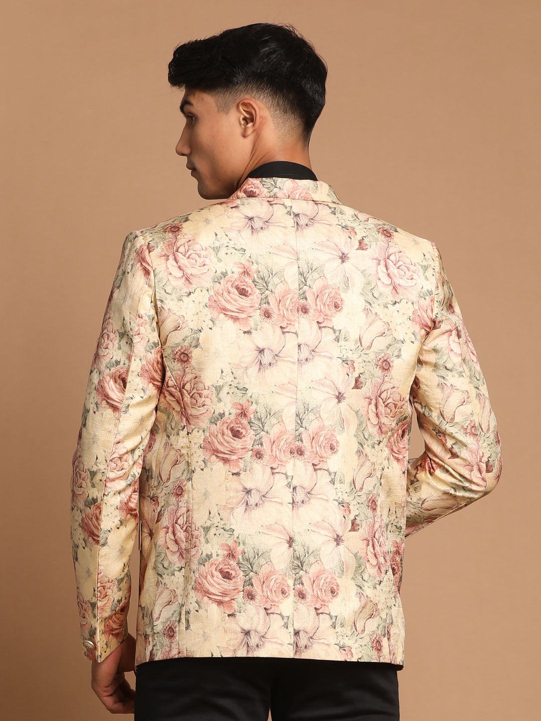 VASTRAMAY Men's Beige Silk Blend Floral Print Blazer with classic design and elegant floral details