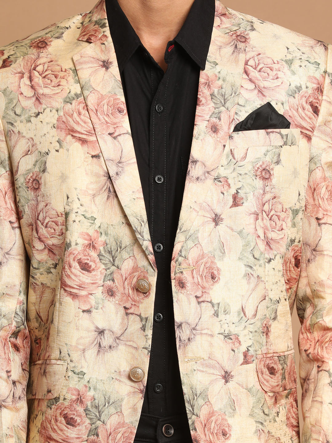 VASTRAMAY Beige Silk Blend Floral Print Baap Beta Blazer Set