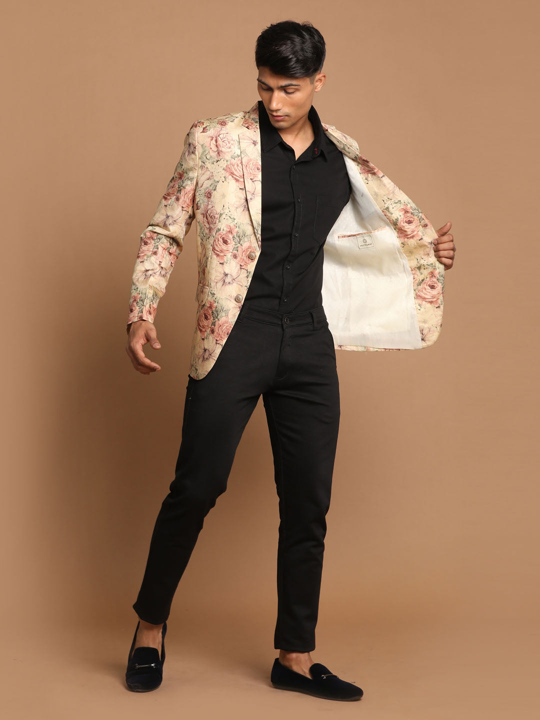 VASTRAMAY Men's Beige Silk Blend Floral Print Blazer - Elegant and versatile blazer with a stylish floral pattern