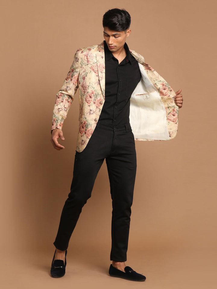 VASTRAMAY Men's Beige Silk Blend Floral Print Blazer