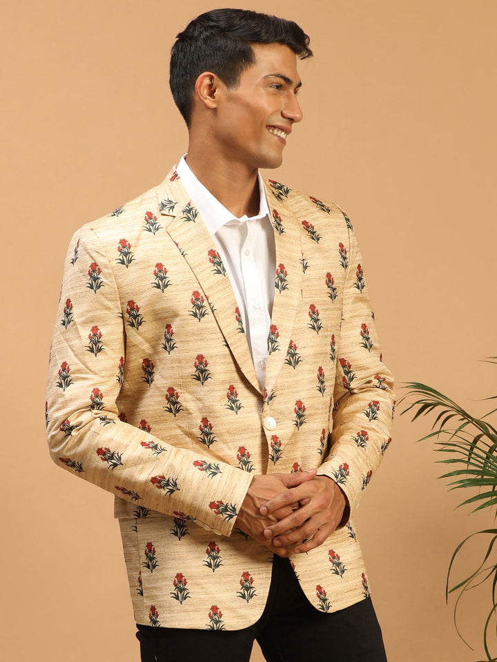 VASTRAMAY Men's Beige Silk Blend Printed Blazer