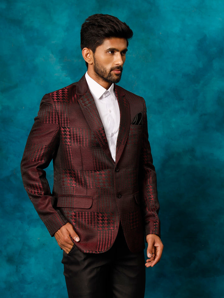 VASTRAMAY Men's Maroon Houndstooth Blazer