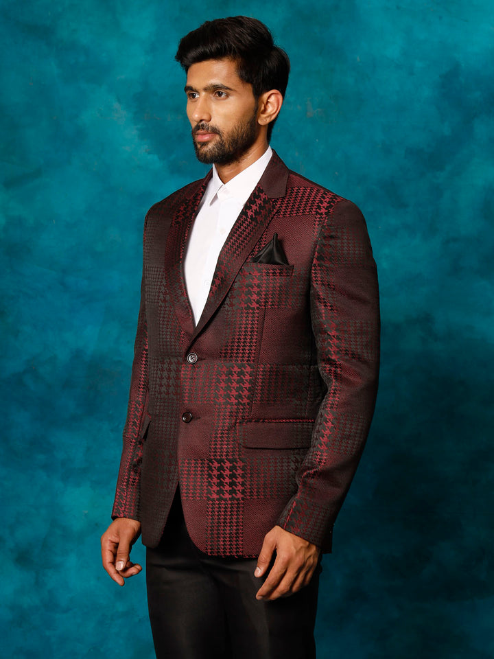 VASTRAMAY Men's Maroon Houndstooth Blazer