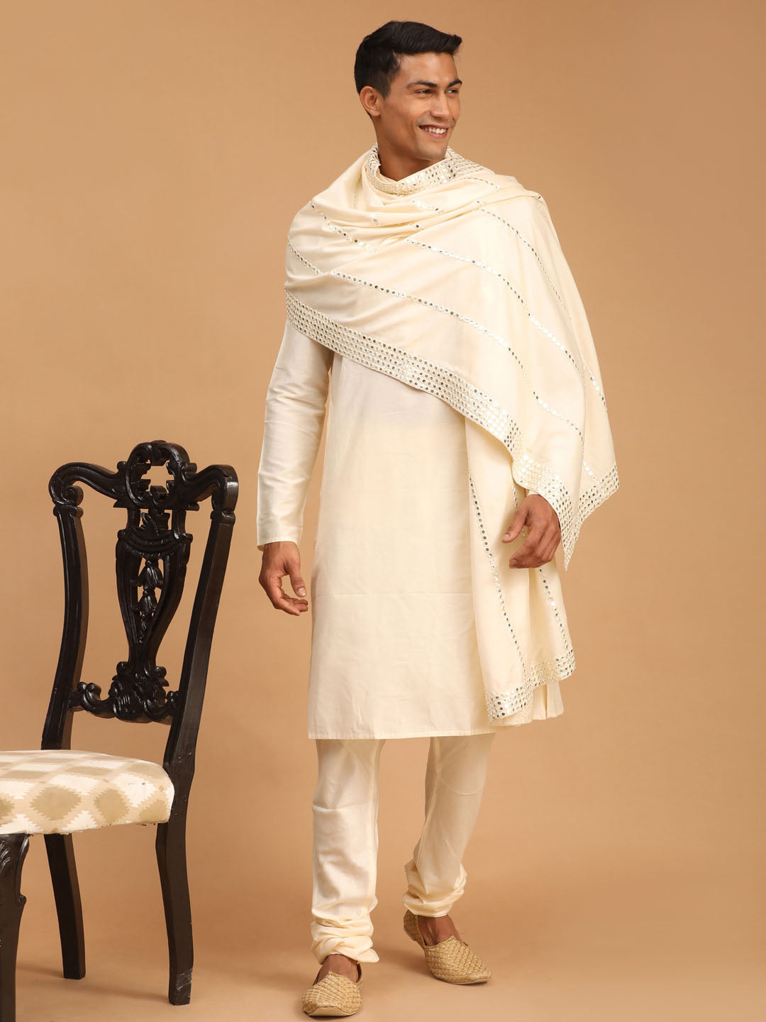 Men's Cream Viscose Mirror Work Embellished Dupatta