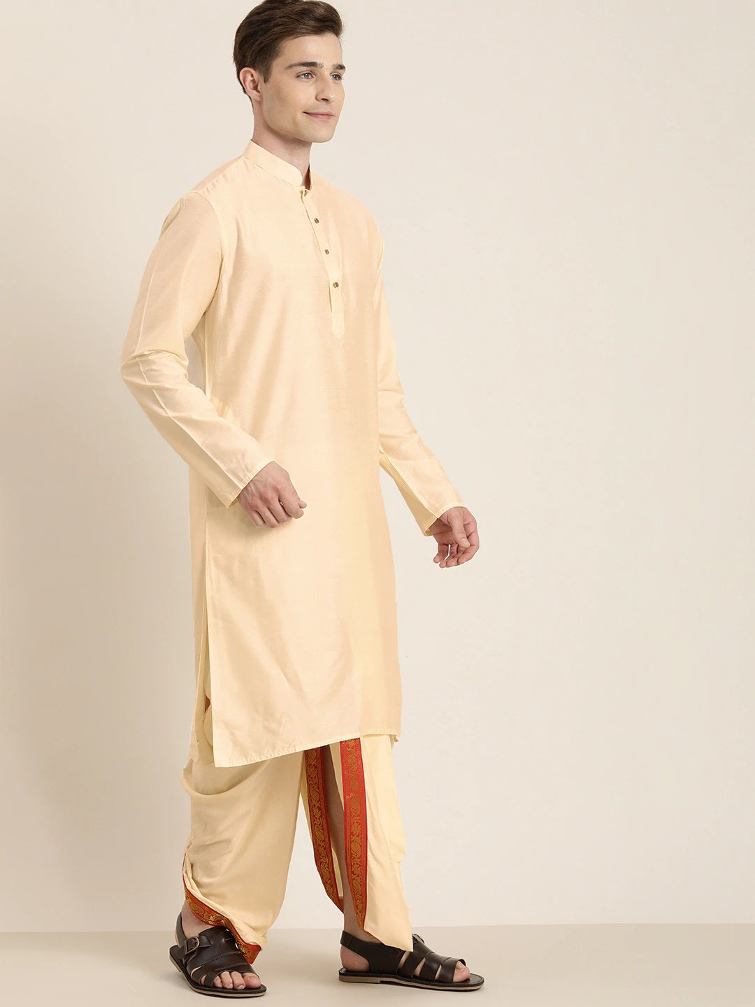 Vastramay Men's Cream Cotton Blend Kurta Dhoti And Dupatta Set