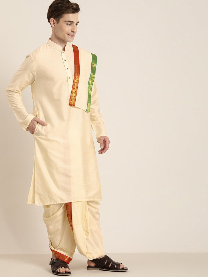 Vastramay Men's Cream Cotton Blend Kurta Dhoti And Dupatta Set