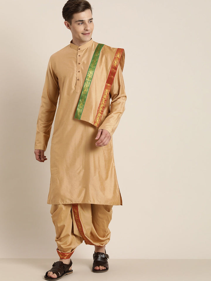 Vastramay Men's Rose Gold Cotton Blend Kurta Dhoti And Dupatta Set