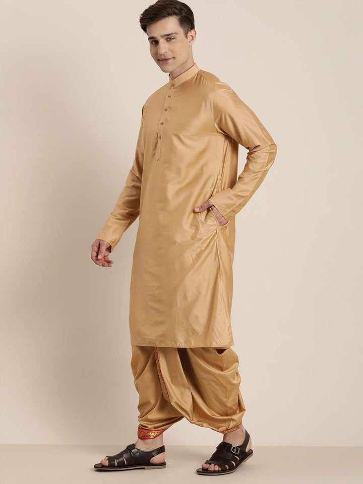 Vastramay Men's Rose Gold Cotton Blend Kurta Dhoti And Dupatta Set