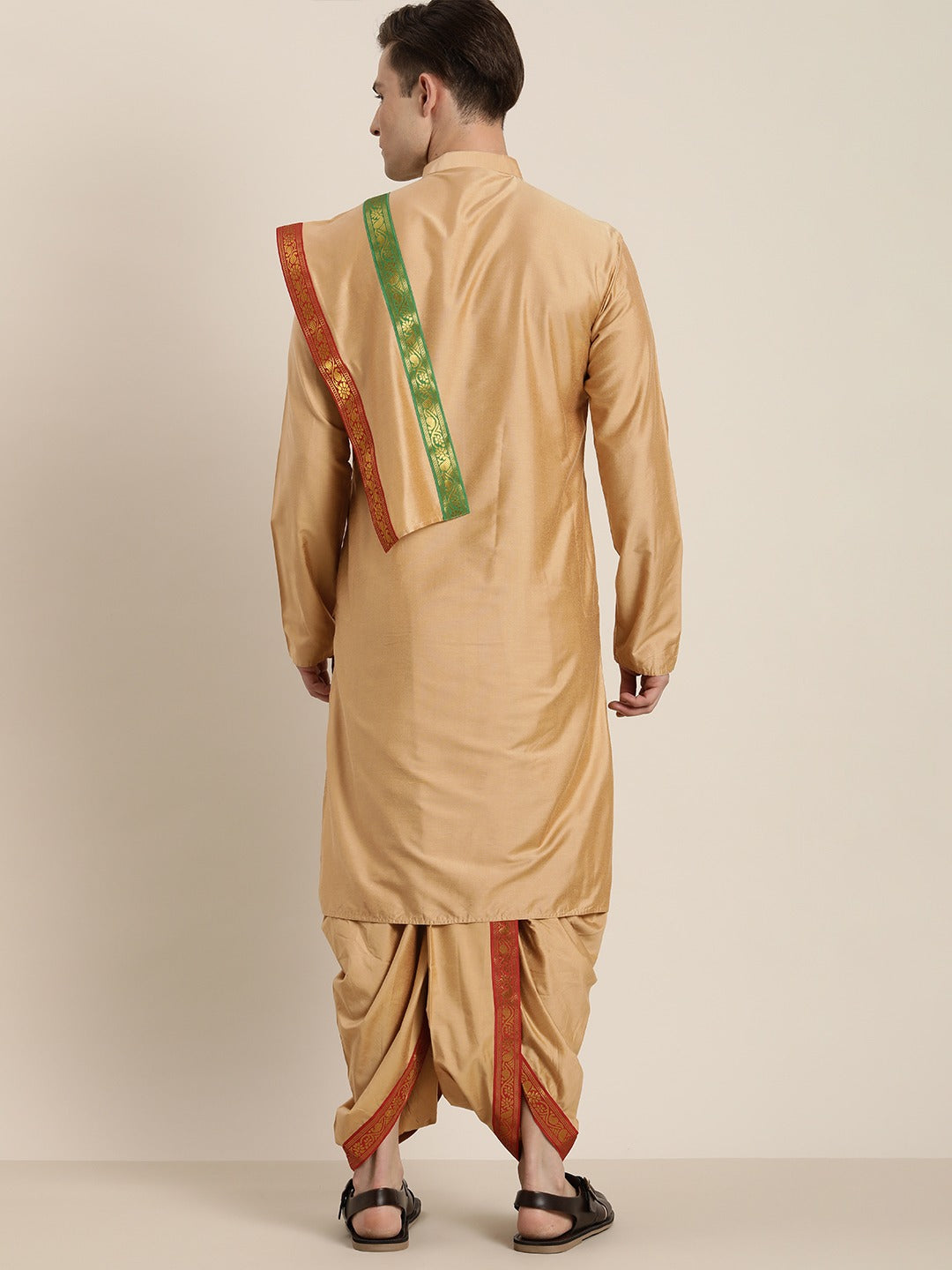 Vastramay Men's Rose Gold Cotton Blend Kurta Dhoti And Dupatta Set